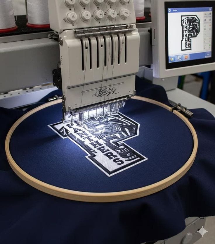 Computerized embroidery machine stitching logo