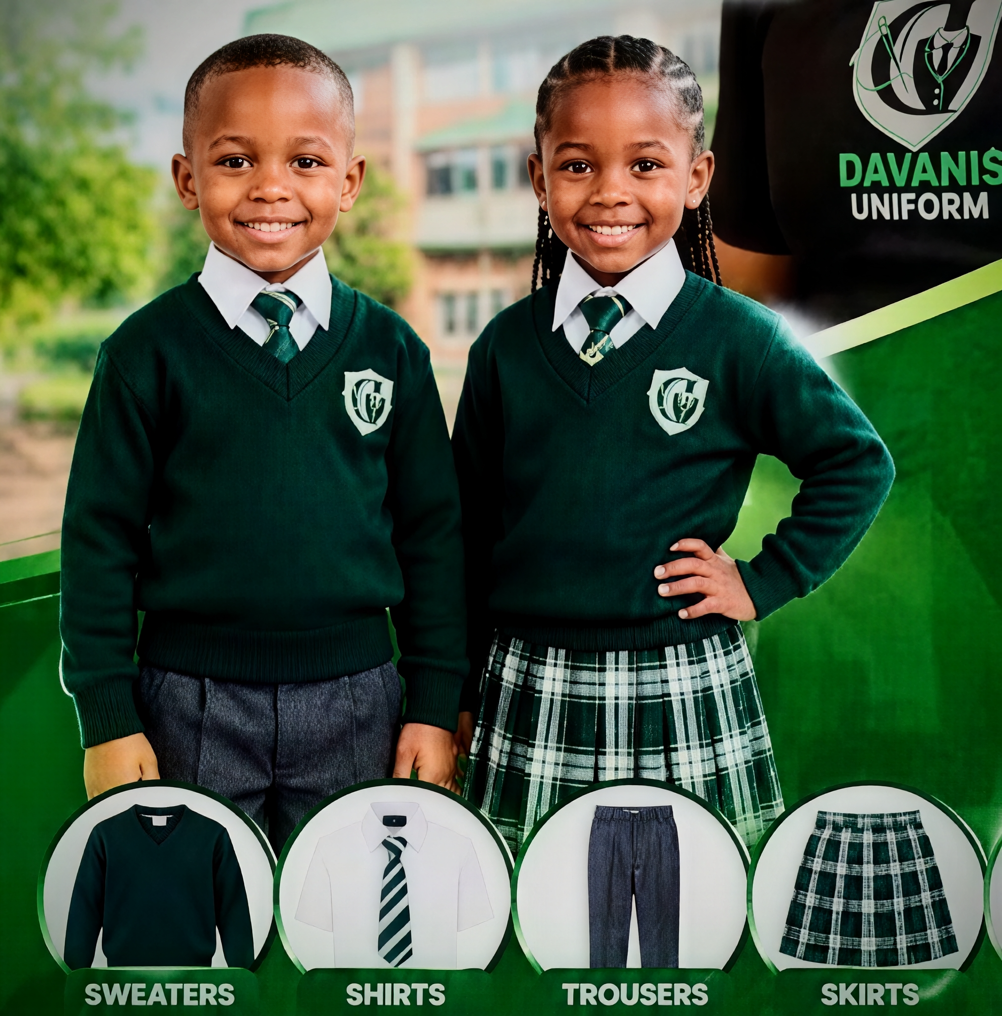 Students wearing Davanis school uniforms and product categories